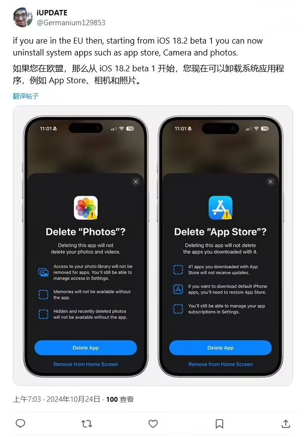 巴林左苹果手机维修分享iOS 18.2 支持删除 App Store 应用商店 