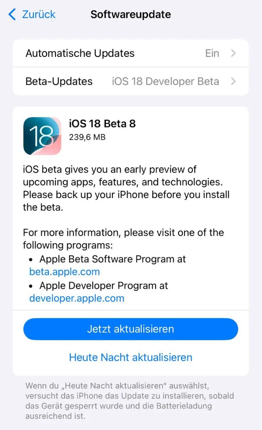 巴林左苹果手机维修分享苹果 iOS / iPadOS 18 开发者预览版 Beta 8 发布 